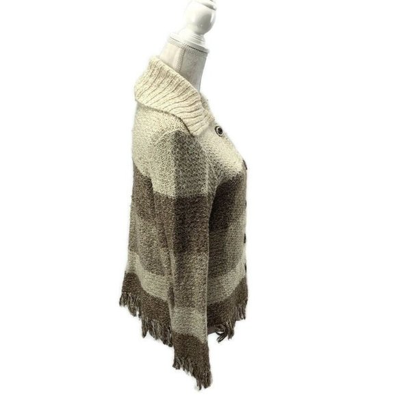 Color Block Turned Down Collar Fringed Cardigan Sweater Button Front Tan Brown S - Picture 5 of 8